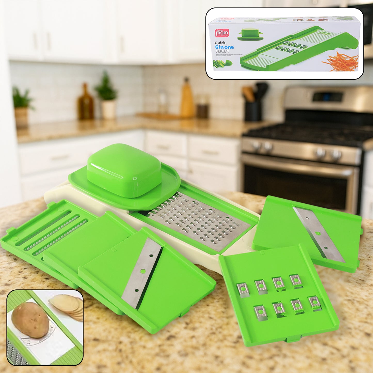 Wukusy Supermom Quick 6-in-1 multipurpose slicer with stainless steel blades and ergonomic handle for home kitchen use