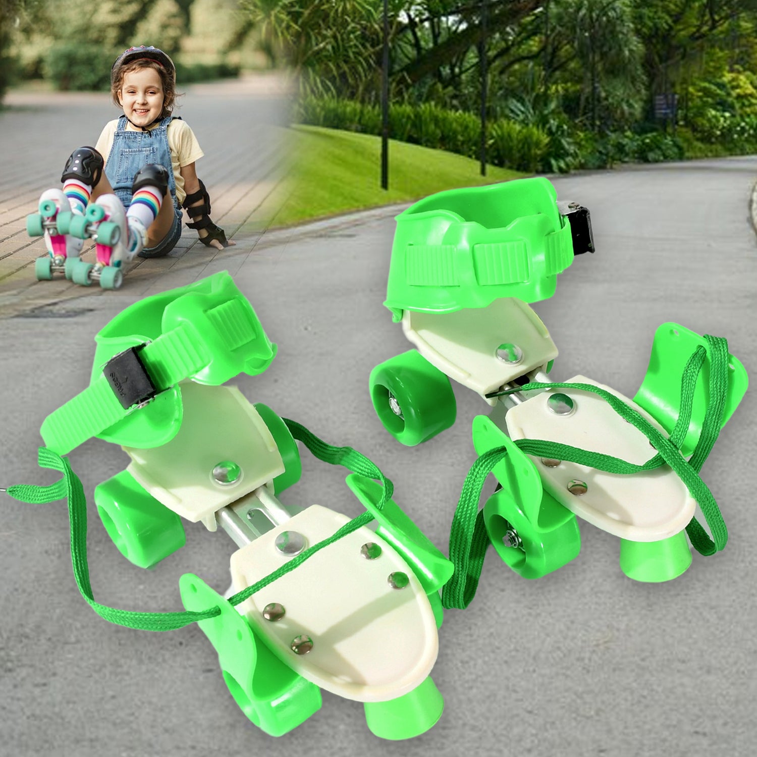 Wukusy kids' adjustable roller skates with comfortable fit, featuring four wheels and secure straps for safe skating.