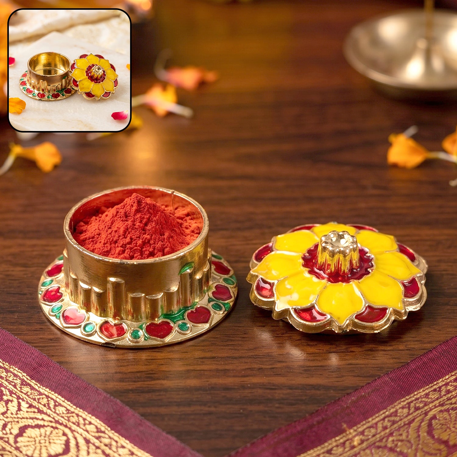 Decorative golden Kankavati Kumkum box by Wukusy, traditional Sindoor holder for Pooja rituals, ornate design with intricate details