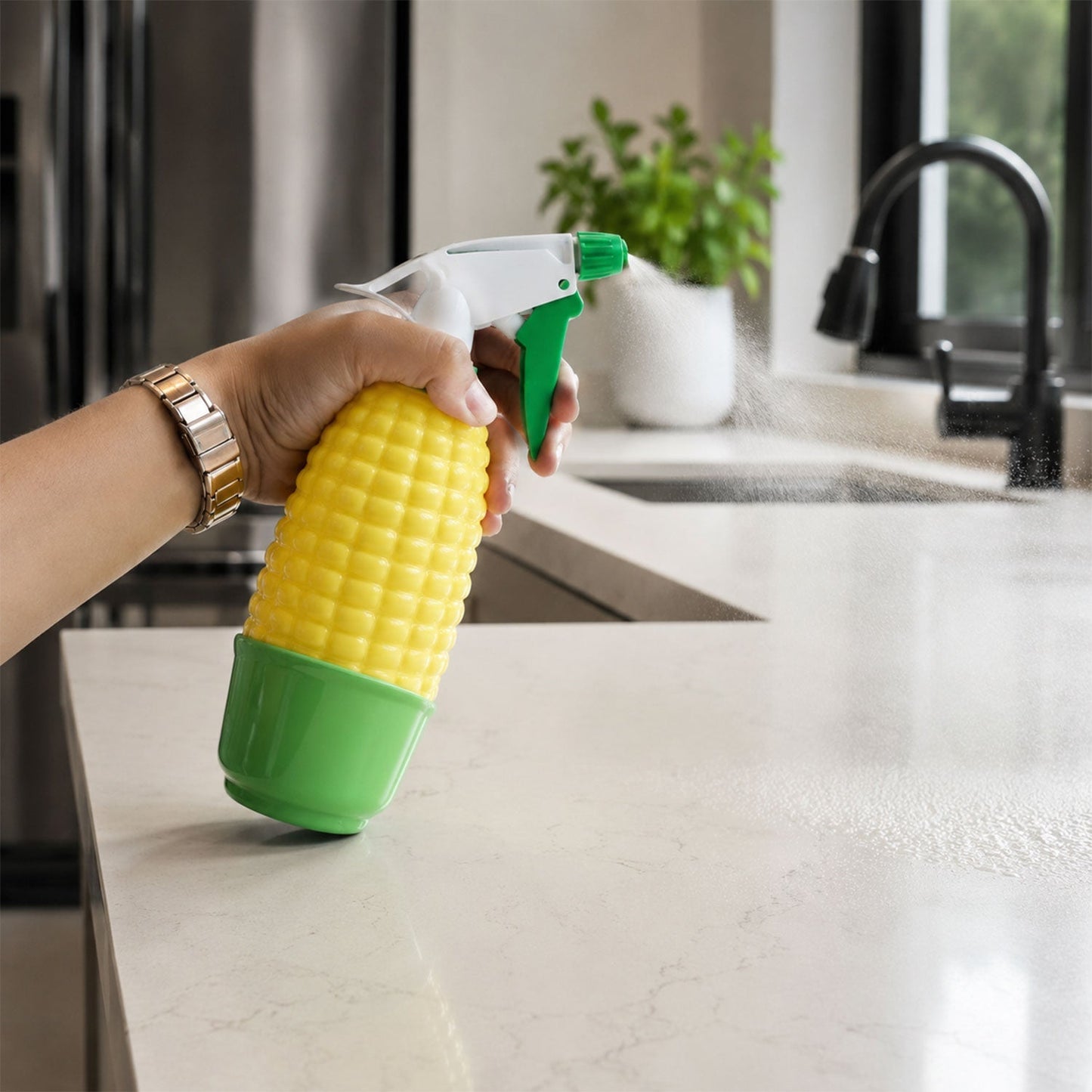 Wukusy corn-shaped trigger spray bottle for plants and cleaning, featuring a colorful water sprayer with a unique corn design.