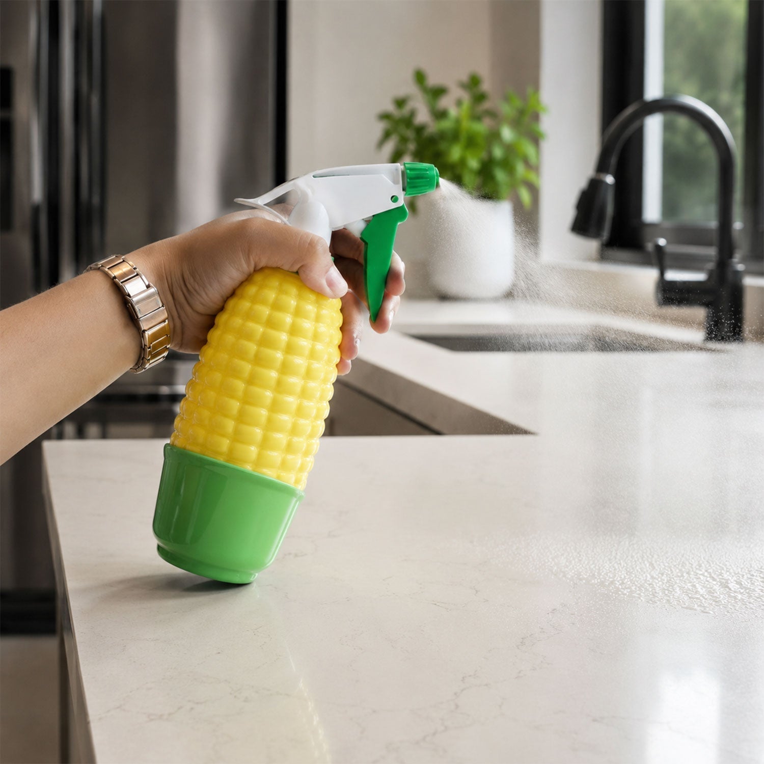 Wukusy corn-shaped trigger spray bottle for plants and cleaning, featuring a colorful water sprayer with a unique corn design.