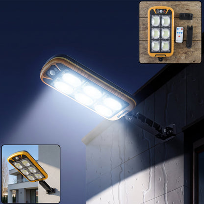 Wukusy solar LED outdoor wall light with motion sensor, waterproof design, remote control, mounted on exterior wall at night