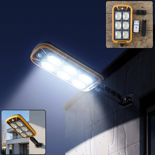 Wukusy solar LED outdoor wall light with motion sensor, waterproof design, remote control, mounted on exterior wall at night