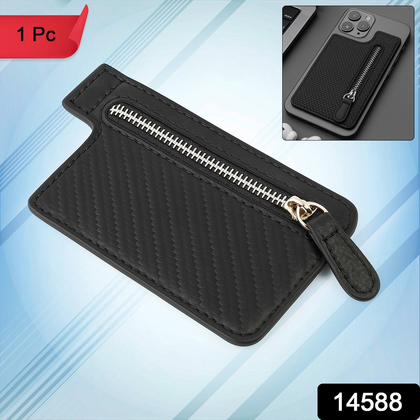 Black Wukusy adhesive card phone holder attached to a phone, showing its compact wallet and card attachment design.