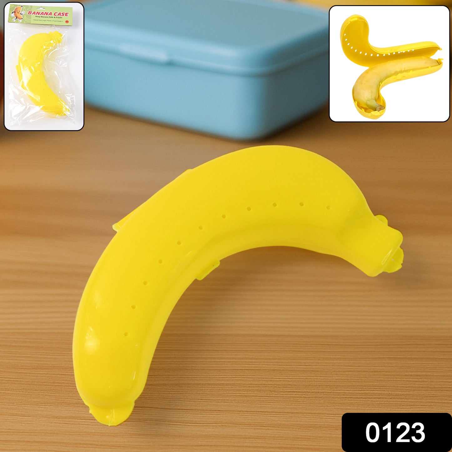 Bright yellow Wukusy banana-shaped lunch box, kitchen tool for storing snacks or meals, with a secure lid and compact design.