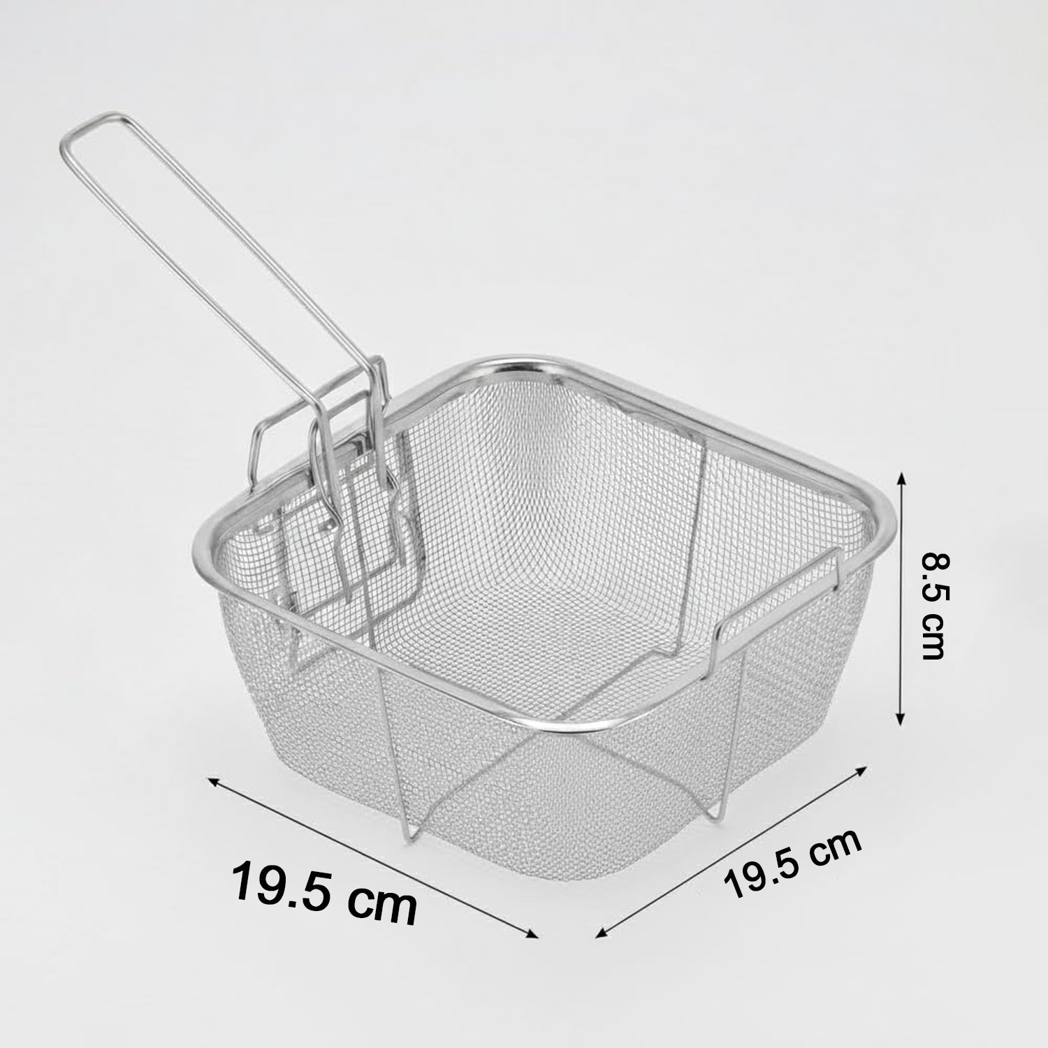 Wukusy stainless steel deep fryer basket with long handle, designed for easy lifting and draining in commercial or home frying appliances.