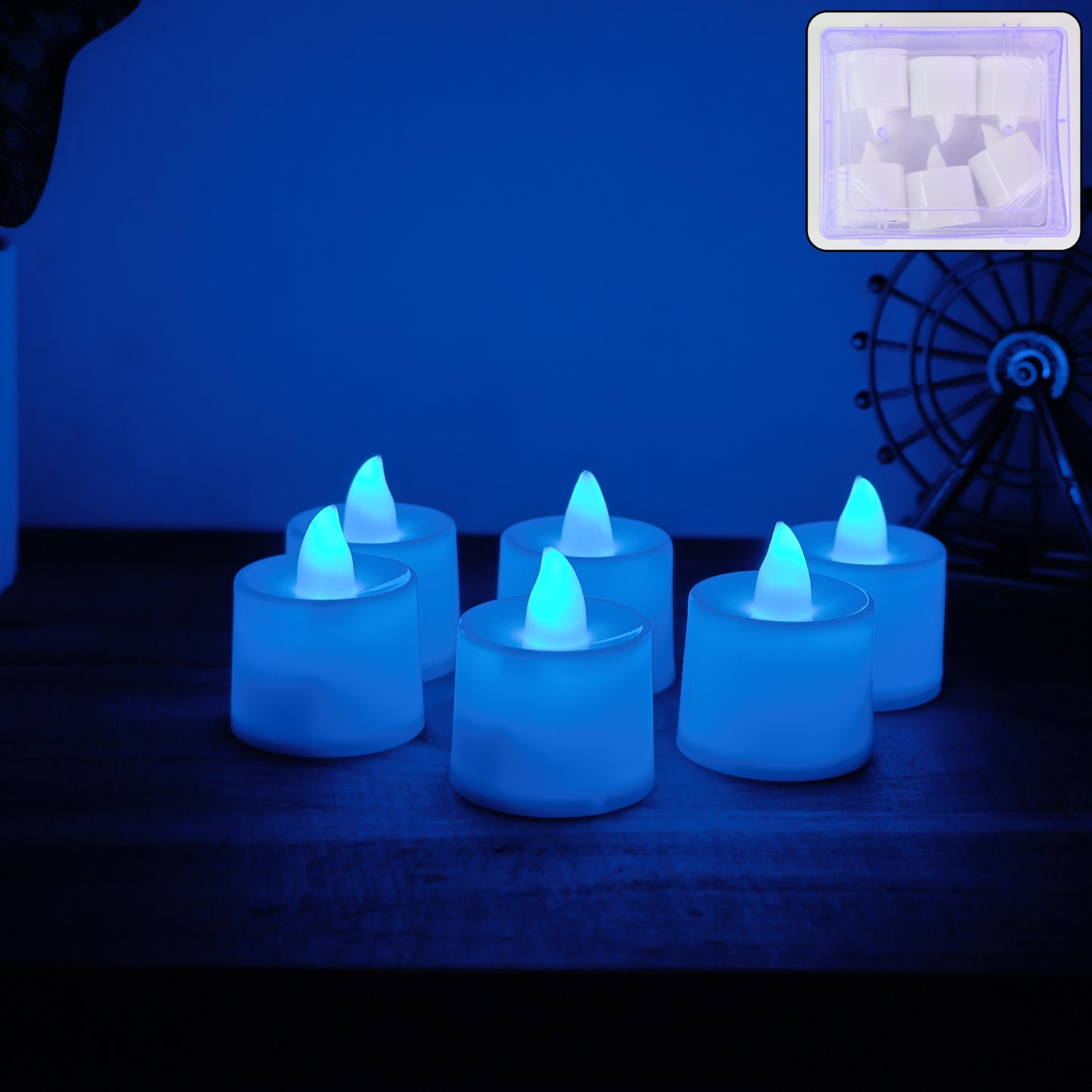 Six blue LED tea light candles from Wukusy, battery-operated with flickering flame effect for ambiance.