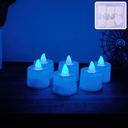 Six blue LED tea light candles from Wukusy, battery-operated with flickering flame effect for ambiance.
