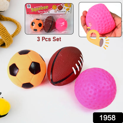 Set of three soft sports squeeze balls for kids, colorful toy balls for kids' play and stress relief by Wukusy.