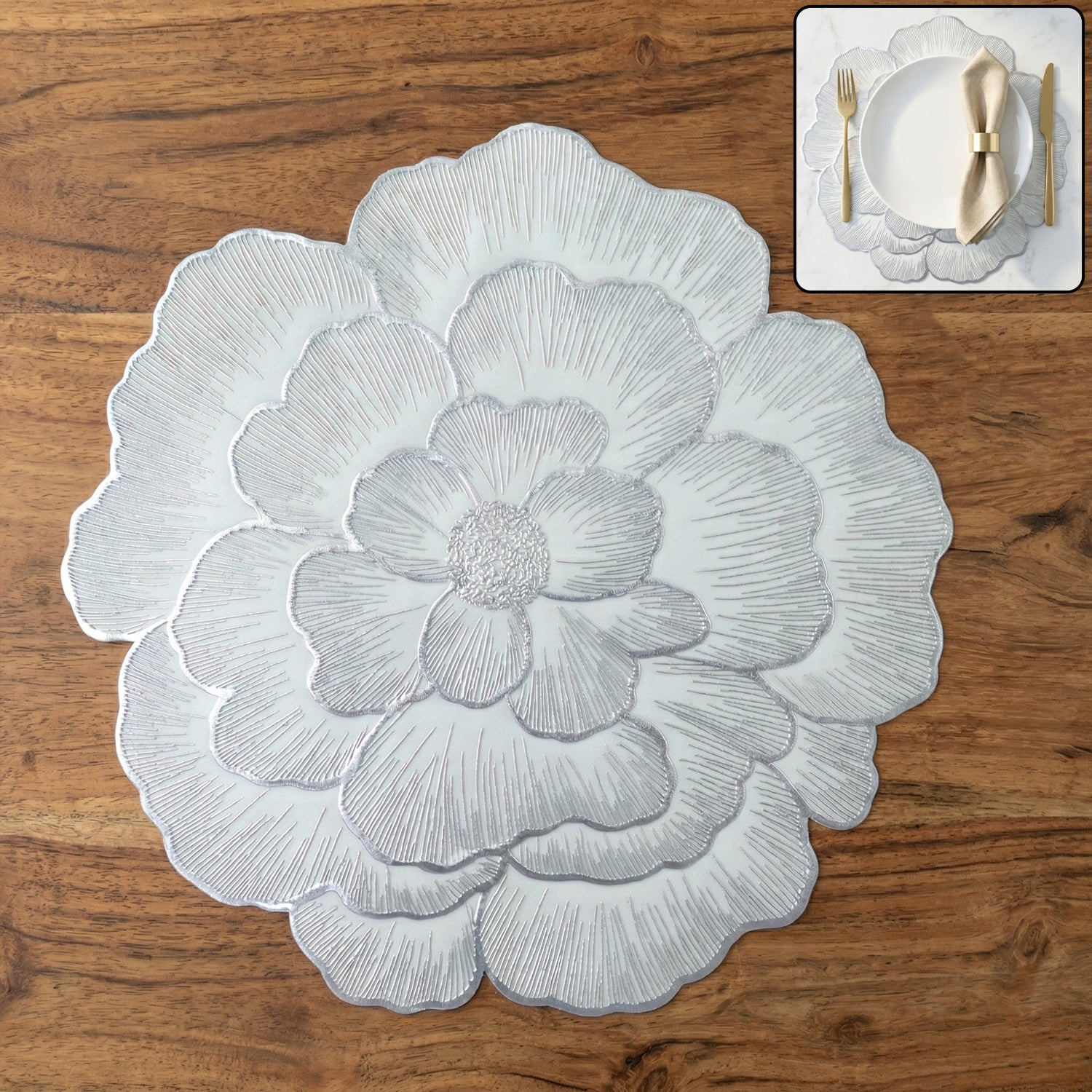 Round floral design PVC table mat by Wukusy, 36x36 cm, featuring colorful flower patterns on a durable surface.