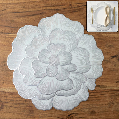 Round floral design PVC table mat by Wukusy, 36x36 cm, featuring colorful flower patterns on a durable surface.