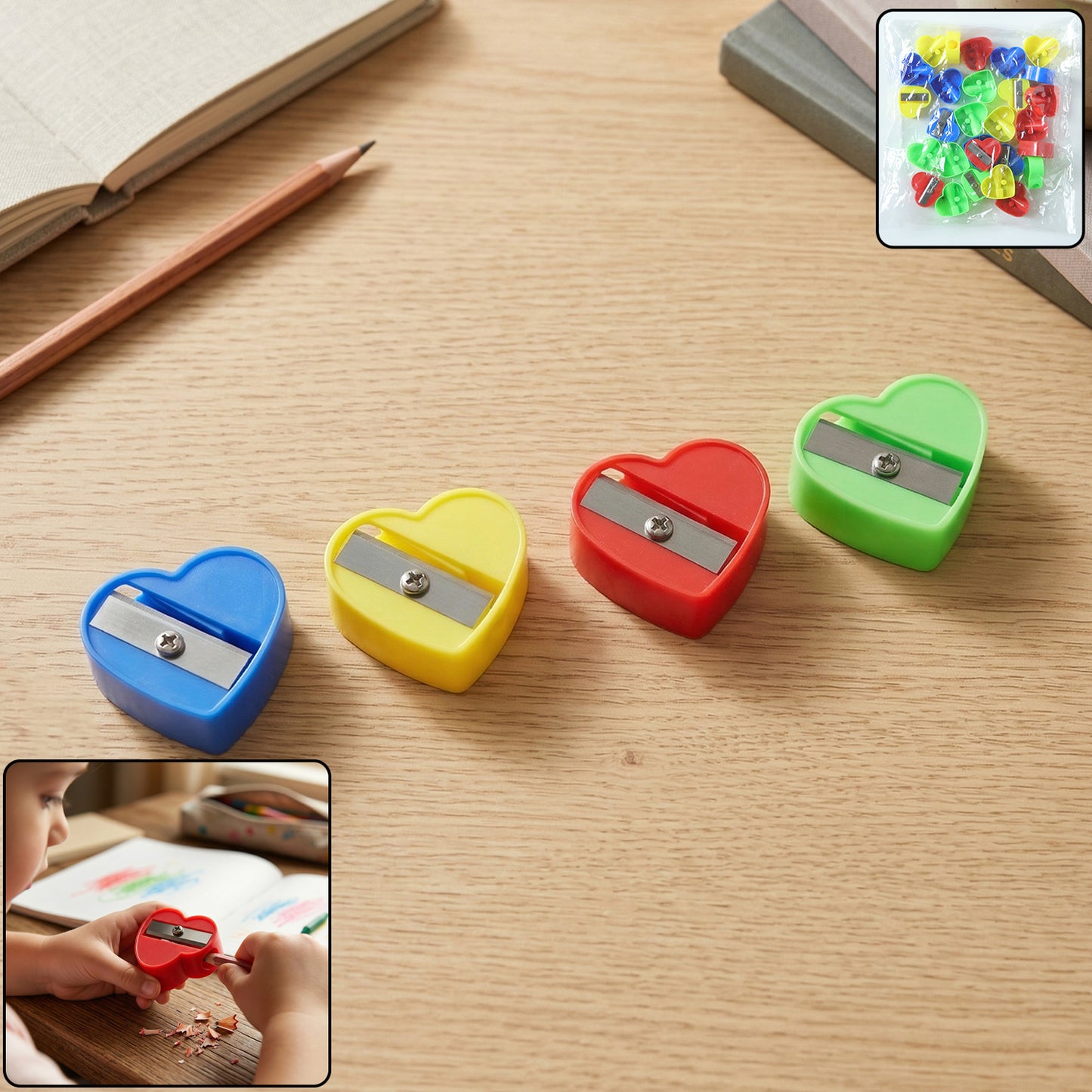 Wukusy Heart Shape Pencil Sharpener 28-piece set with colorful heart-shaped sharpeners for children and students.