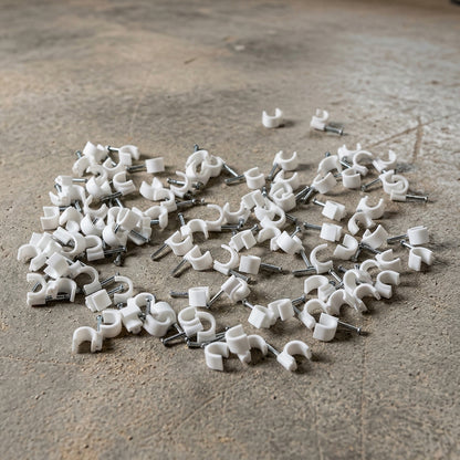 Pack of 100 Wukusy heavy-duty plastic cable clips with steel nails, 8mm size for secure cable management.