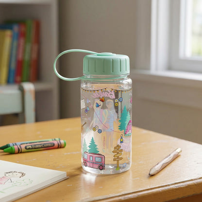 Kids printed water bottle by Wukusy, 400ml capacity, featuring colorful fun designs on a clear plastic bottle.
