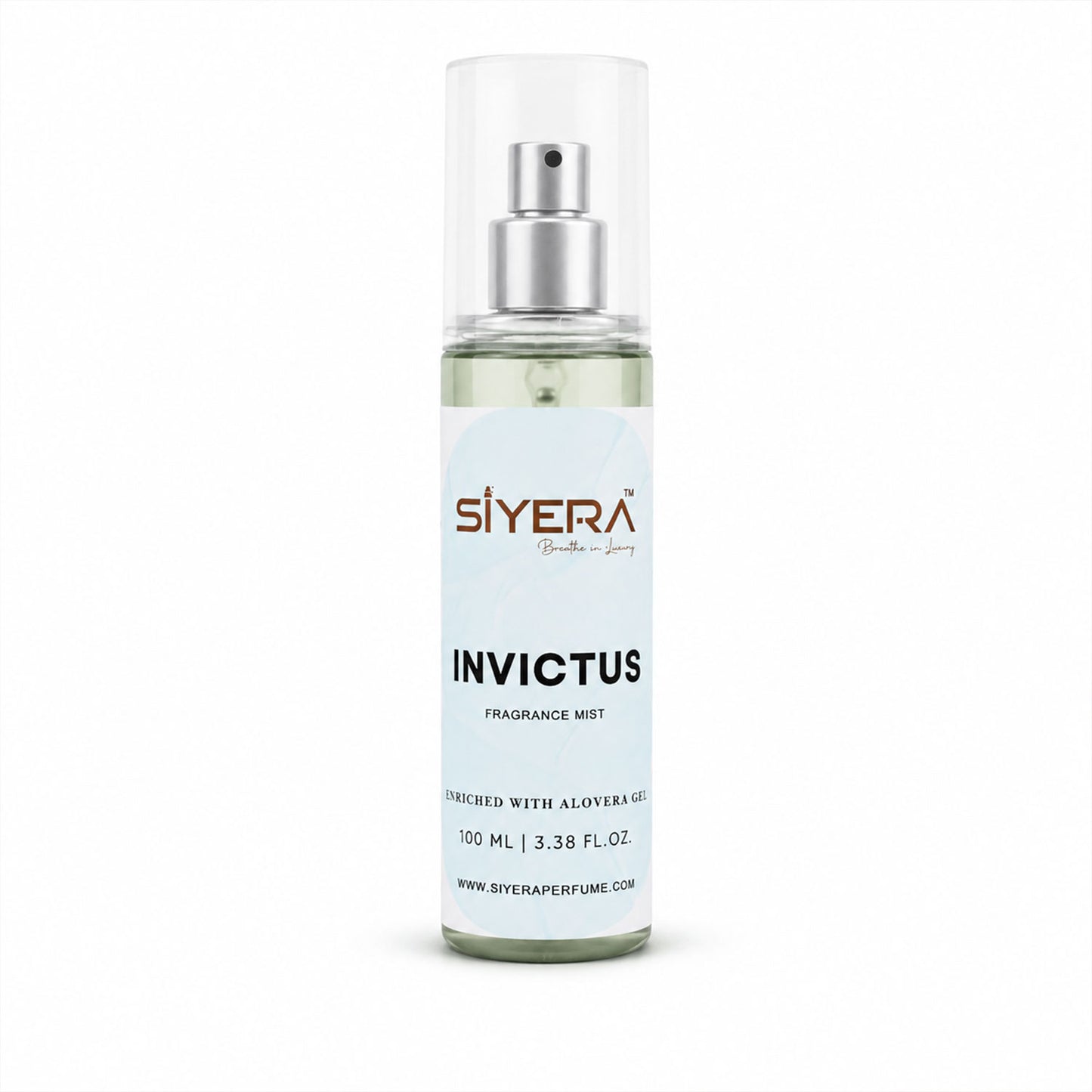 Wukusy Siyera Invictus fragrance mist body spray with aloe vera gel, 100ml bottle showing elegant packaging and spray nozzle.