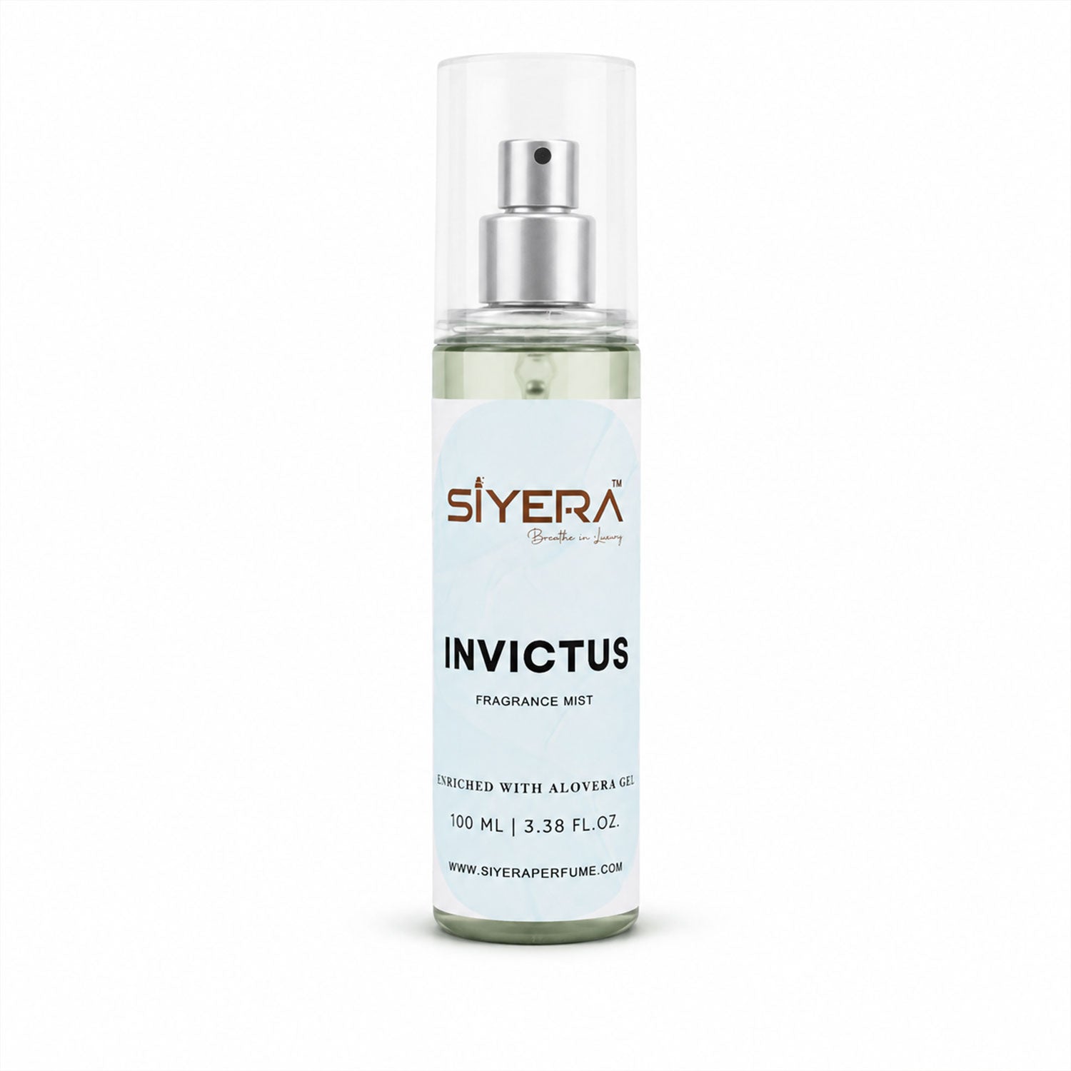 Wukusy Siyera Invictus fragrance mist body spray with aloe vera gel, 100ml bottle showing elegant packaging and spray nozzle.