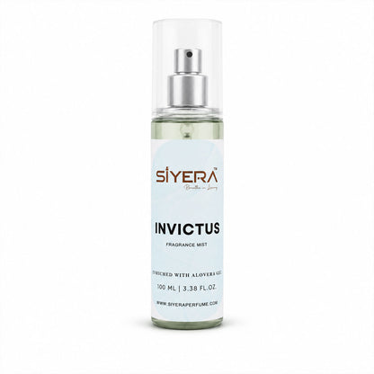 Wukusy Siyera Invictus fragrance mist body spray with aloe vera gel, 100ml bottle showing elegant packaging and spray nozzle.