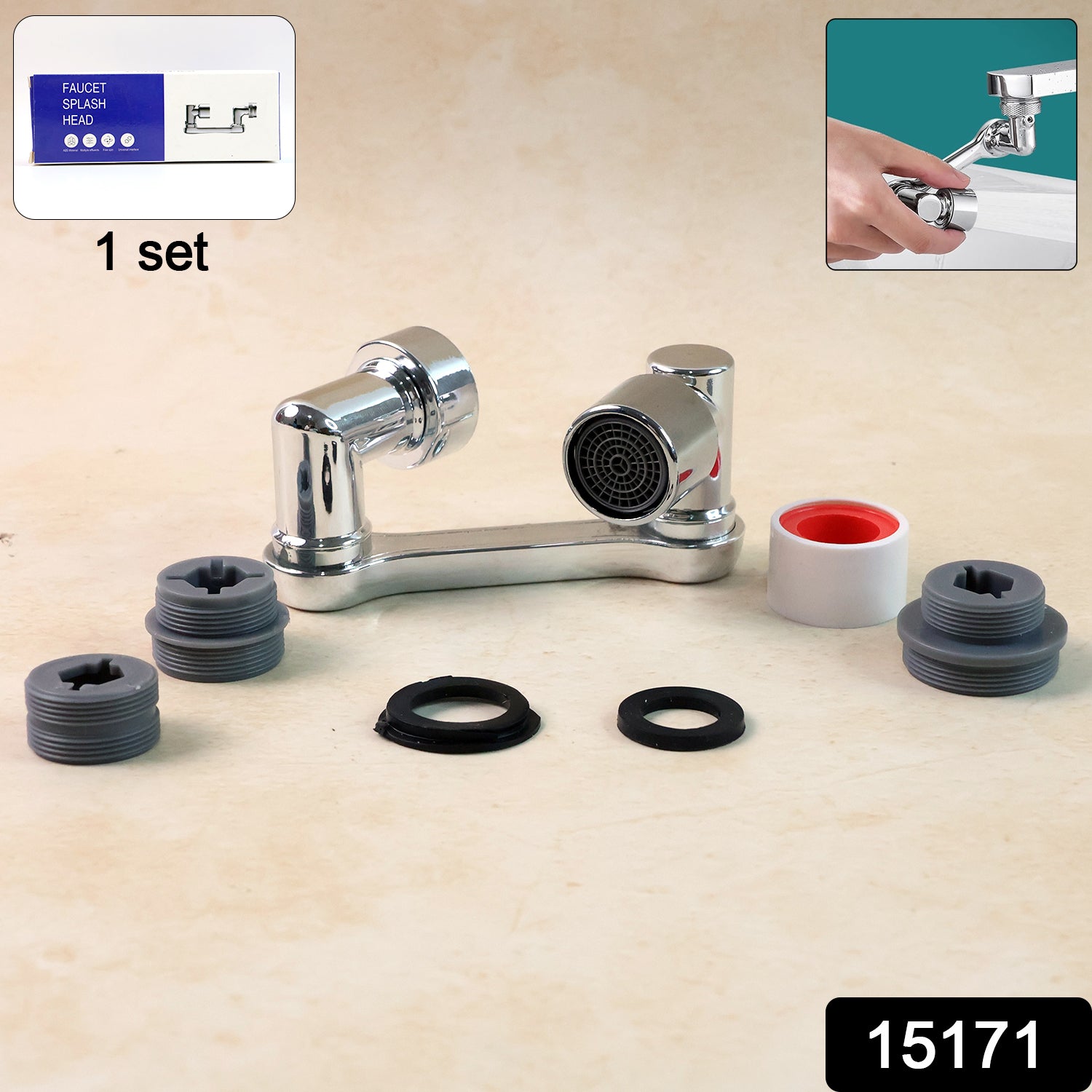 Universal Wukusy rotating faucet splash head set installed on a kitchen sink for smooth water flow and splash prevention.