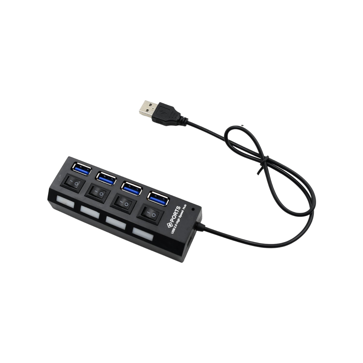 Wukusy 4 Port USB 2.0 Hub with high-speed ports, ON/OFF switch, multi-LED indicators, compatible with tablets, laptops, and computers