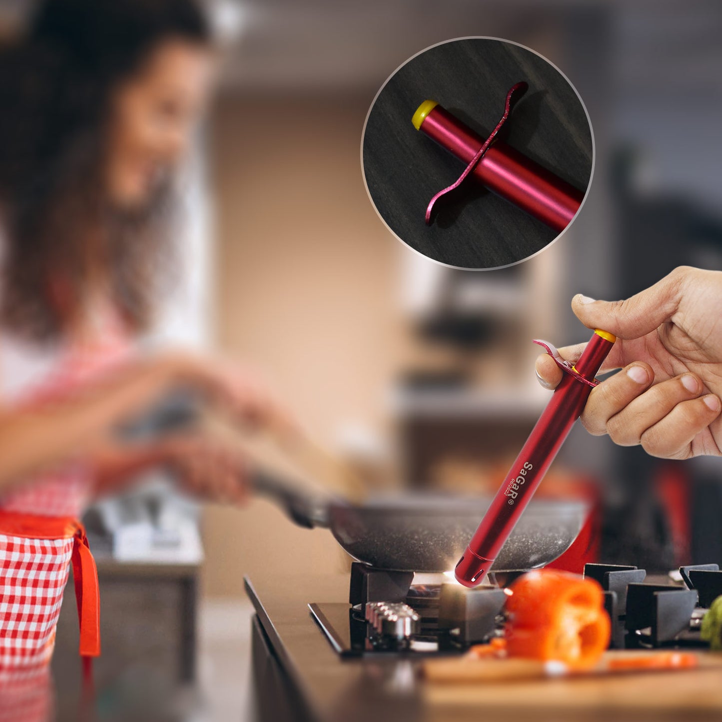 Wukusy stainless steel gas lighter, a sleek kitchen tool with a compact design and ergonomic handle for easy lighting.