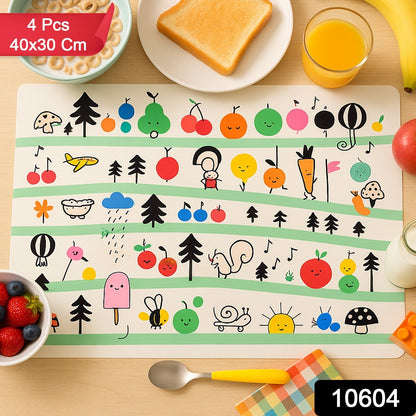 Colorful cartoon printed dining table placemats for kids, set of 4, 40x30 cm, by Wukusy, featuring fun, vibrant designs.