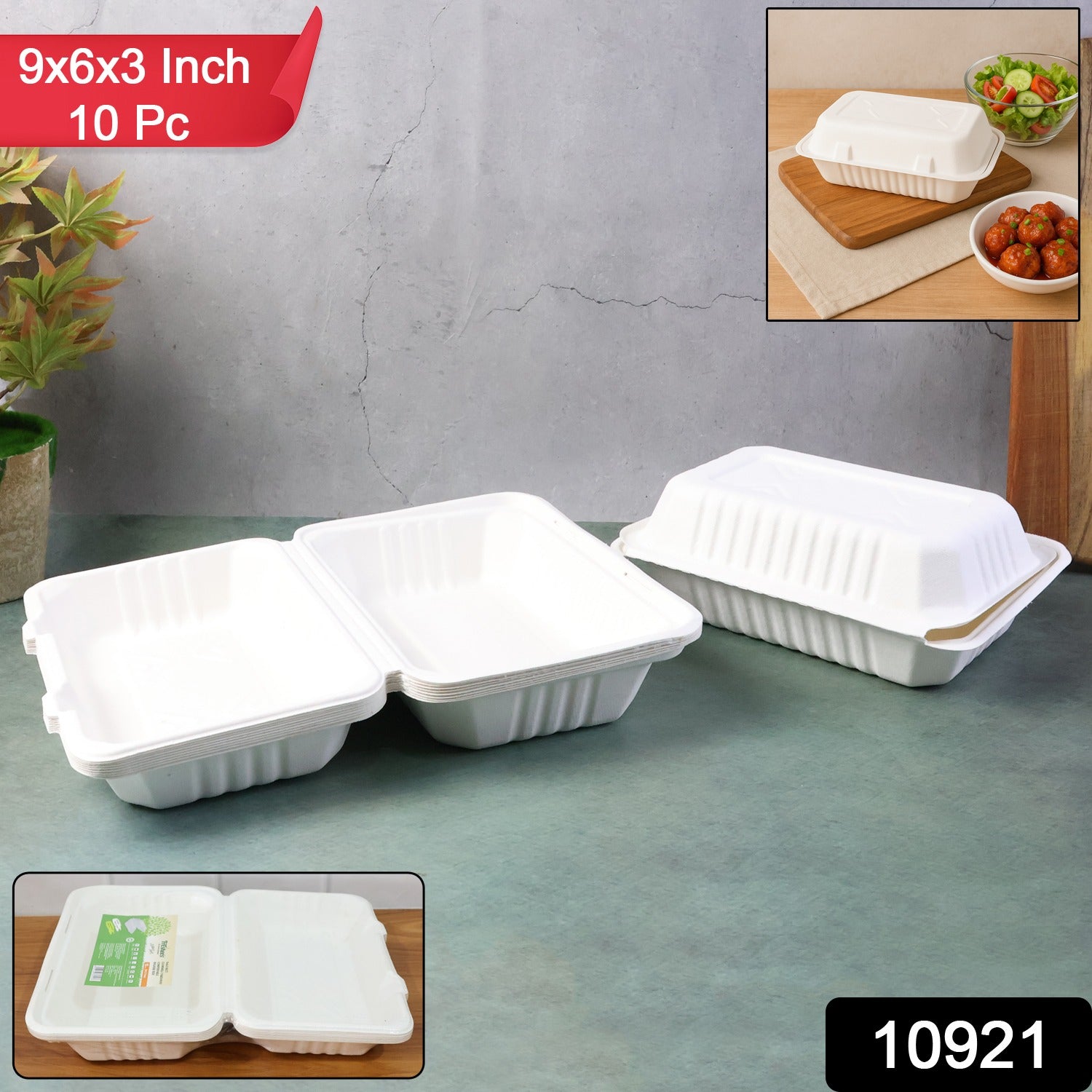 Wukusy Fresheeclamshell compostable food box set with 10 takeaway bagasse containers, 9x6x3 inches for home and kitchen use.
