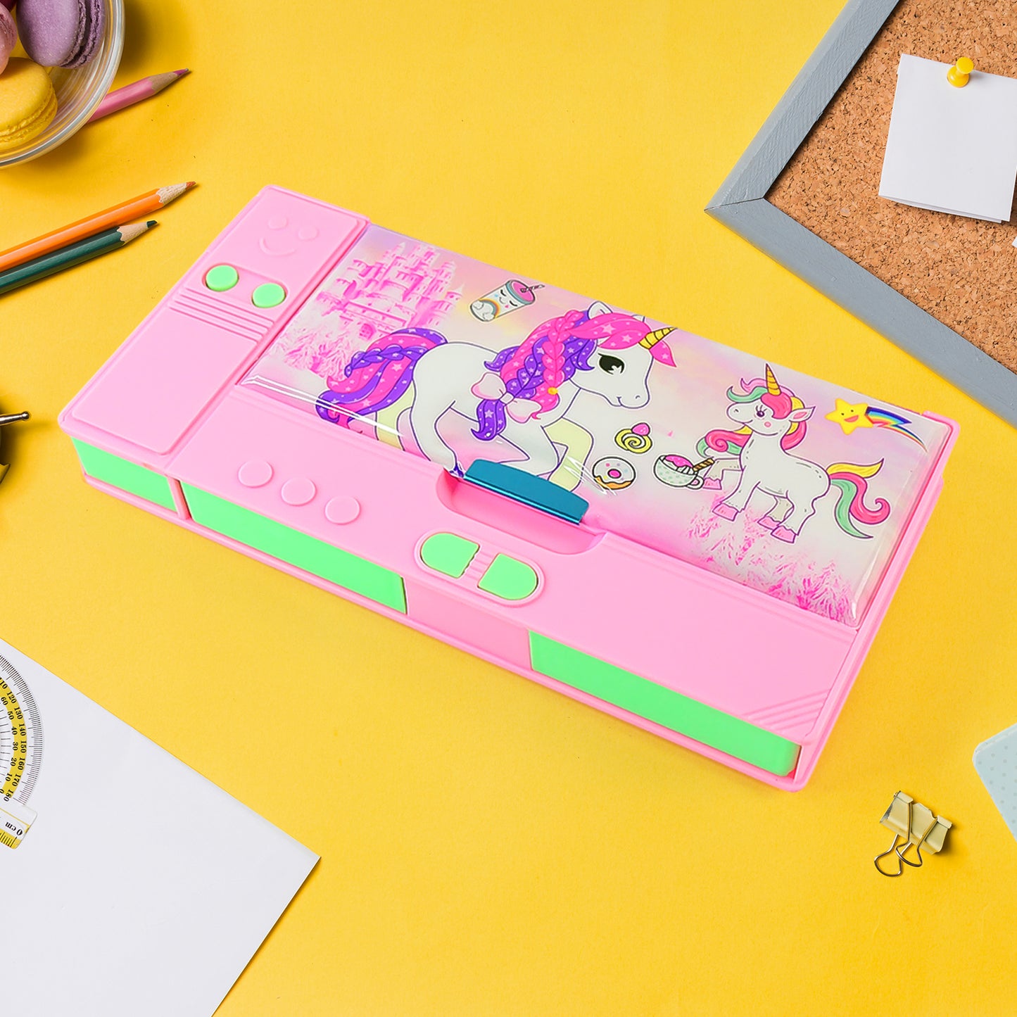 Wukusy jumbo multi-purpose pencil box with built-in compass, calculator, and dual side slots for school and travel use.