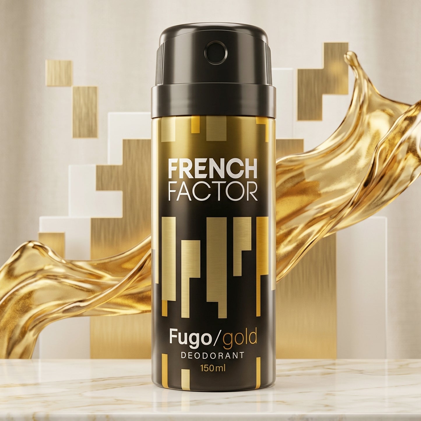 Wukusy French Factor Fugo Gold deodorant body spray 150ml bottle with gold accents, designed for fresh and long-lasting scent