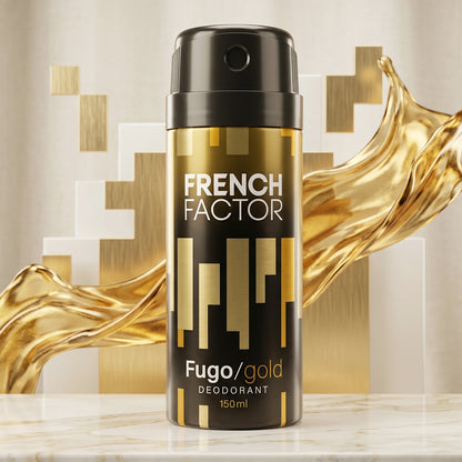 Wukusy French Factor Fugo Gold deodorant body spray 150ml bottle with gold accents, designed for fresh and long-lasting scent