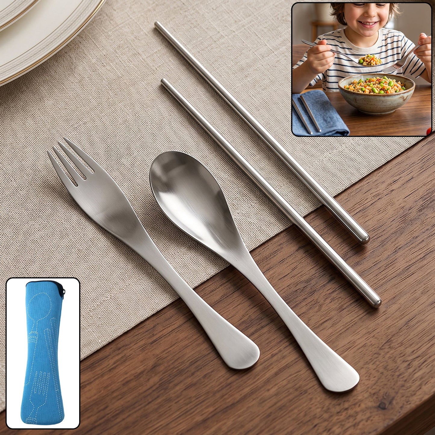 Wukusy 4-in-1 portable cutlery set with steel spoon, fork, and chopsticks in a compact pouch for travel and outdoor dining.