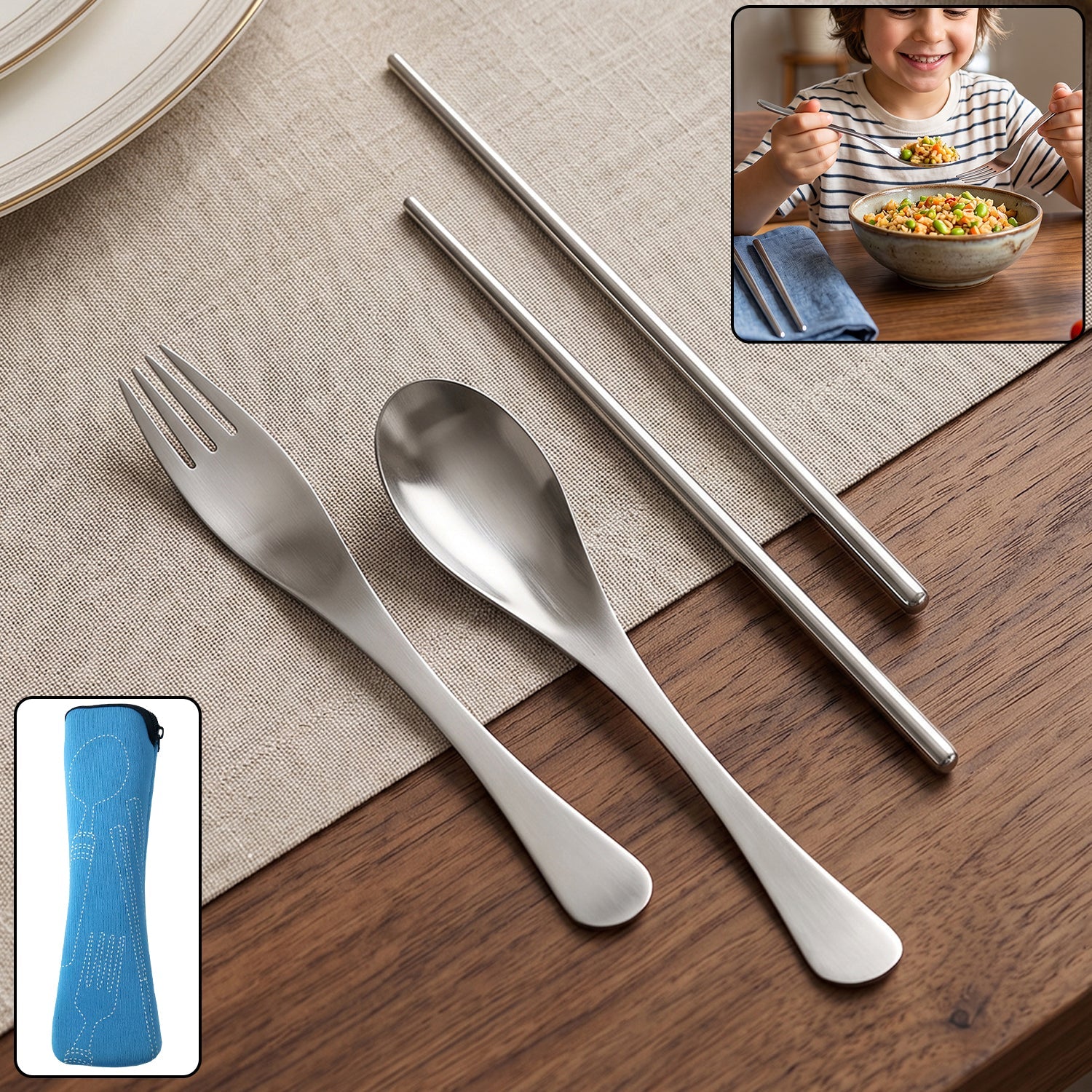 Wukusy 4-in-1 portable cutlery set with steel spoon, fork, and chopsticks in a compact pouch for travel and outdoor dining.