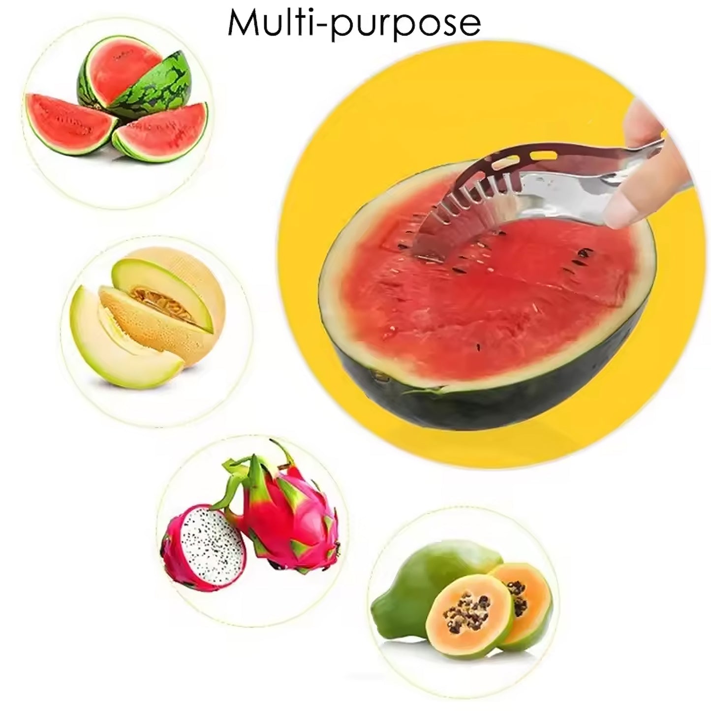 Wukusy 3-in-1 stainless steel watermelon and cantaloupe slicer knife with corer, kitchen fruit and vegetable tool in use.