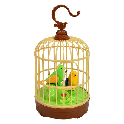 Wukusy sound-activated chirping bird toy in hanging cage, colorful plastic bird with realistic features on a metal cage.