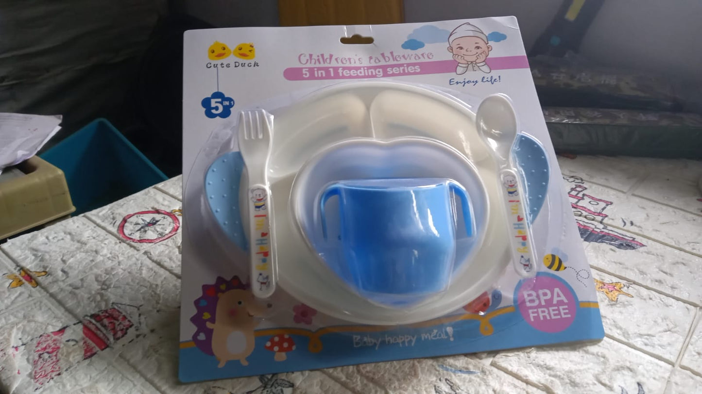 Wukusy 5-in-1 baby feeding set with cartoon design plates, cups, spoons, and forks for kids and toddlers, microwave and dishwasher safe.