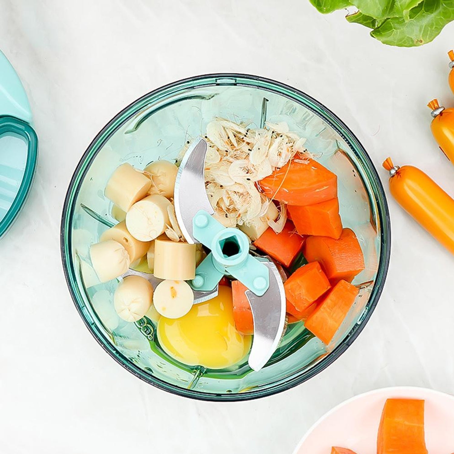 Wukusy manual stainless steel vegetable chopper with 5 blades, compact hand-held kitchen tool for slicing and chopping vegetables.