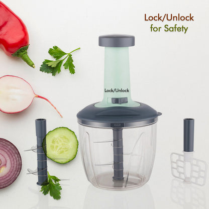 Wukusy 2-in-1 push-up chopper and blender with 6 sharp blades, designed for easy vegetable and fruit chopping and blending.
