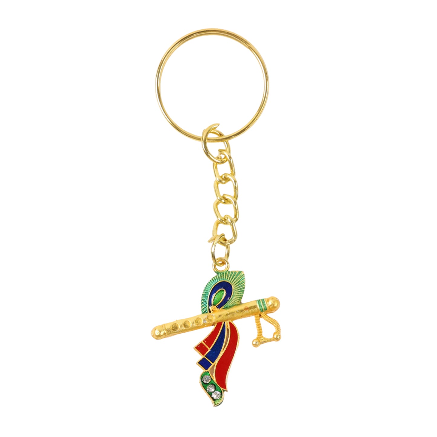 Wukusy Krishna flute keychain with peacock feather design, featuring detailed craftsmanship and vibrant colors.