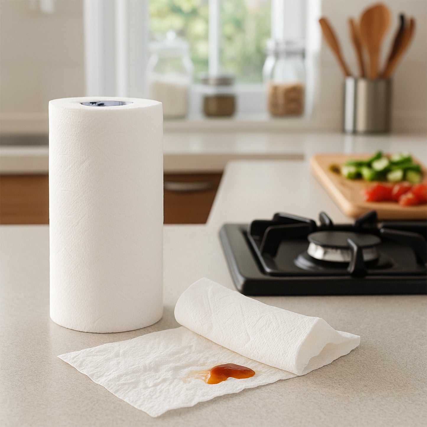 Wukusy Freshee kitchen paper towel roll with 60 sheets, each 21.5 x 22 cm, shown in a home kitchen setting.
