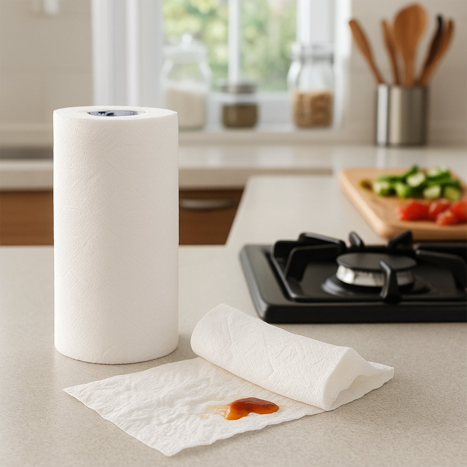 Wukusy Freshee kitchen paper towel roll with 60 sheets, each 21.5 x 22 cm, shown in a home kitchen setting.