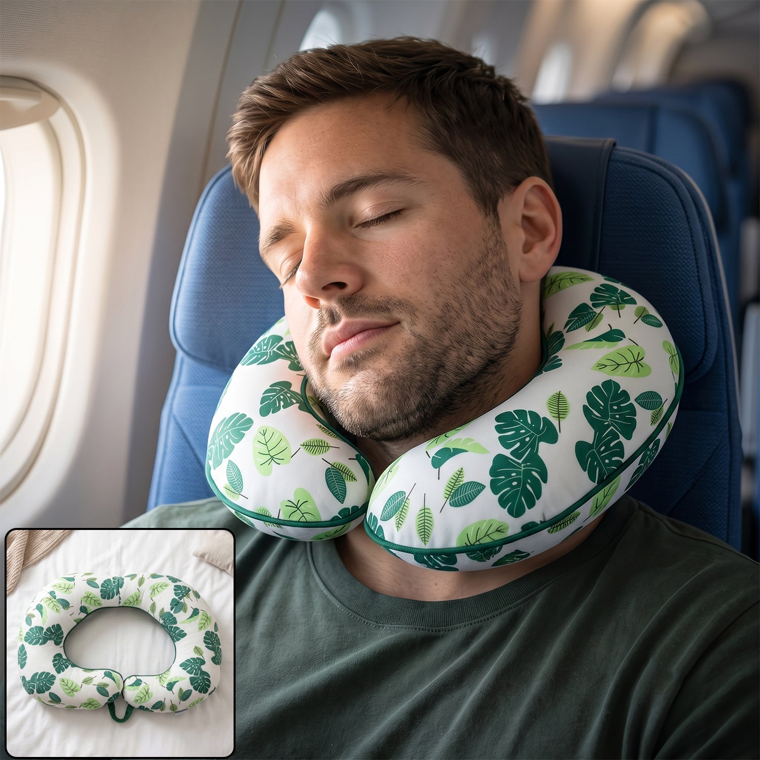 Green leaf print U-shaped neck pillow by Wukusy, soft travel head support for comfortable resting.