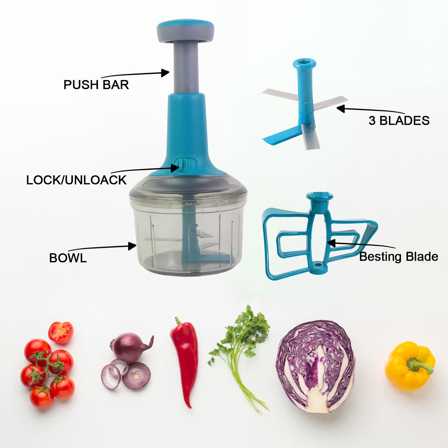 Wukusy Supermom Premium manual push chopper and vegetable cutter with 750ml capacity, featuring a black and silver design for kitchen use