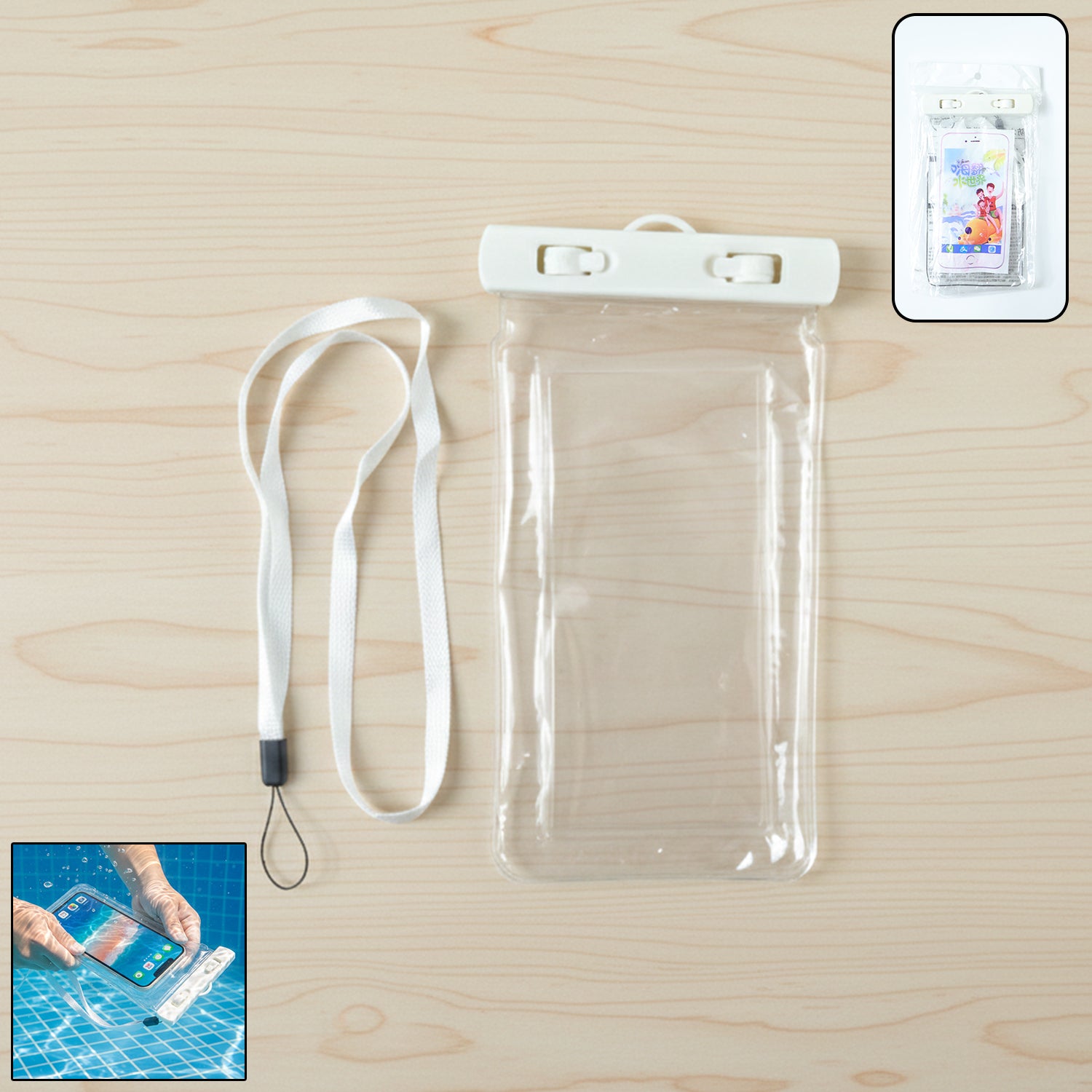 White waterproof phone pouch bag by Wukusy showing clear plastic exterior and secure sealing to protect mobile devices.