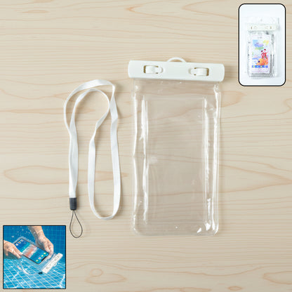 White waterproof phone pouch bag by Wukusy showing clear plastic exterior and secure sealing to protect mobile devices.