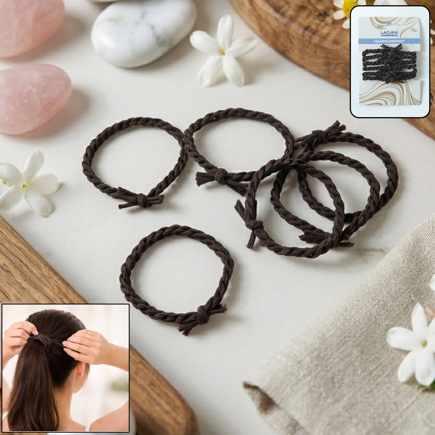 Set of Wukusy braided elastic hair bands with multiple color options, ideal for securing hair comfortably and stylishly.