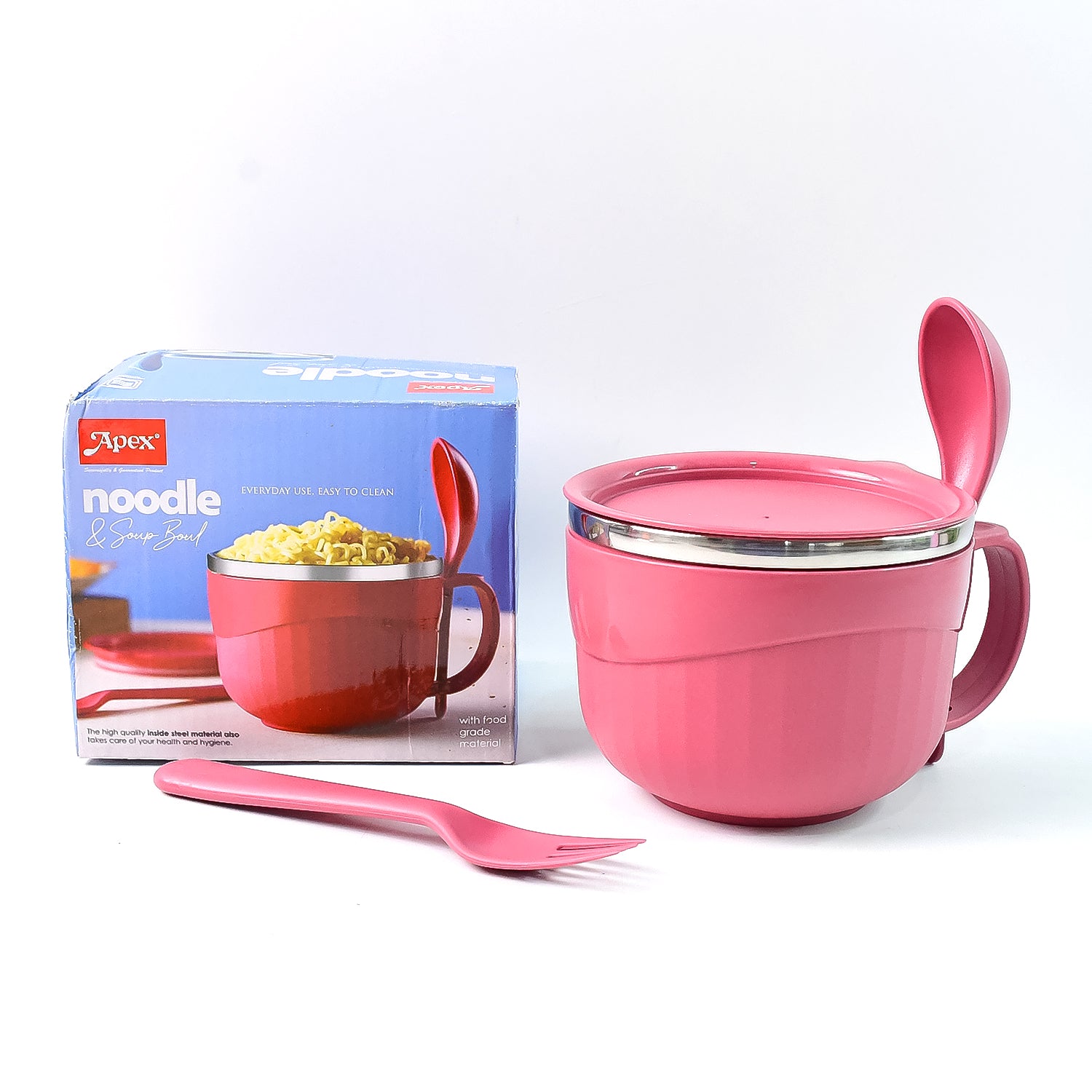 Wukusy Apex Premium 700ml multipurpose noodle bowl with handle, lid, and fork for home and kitchen use.
