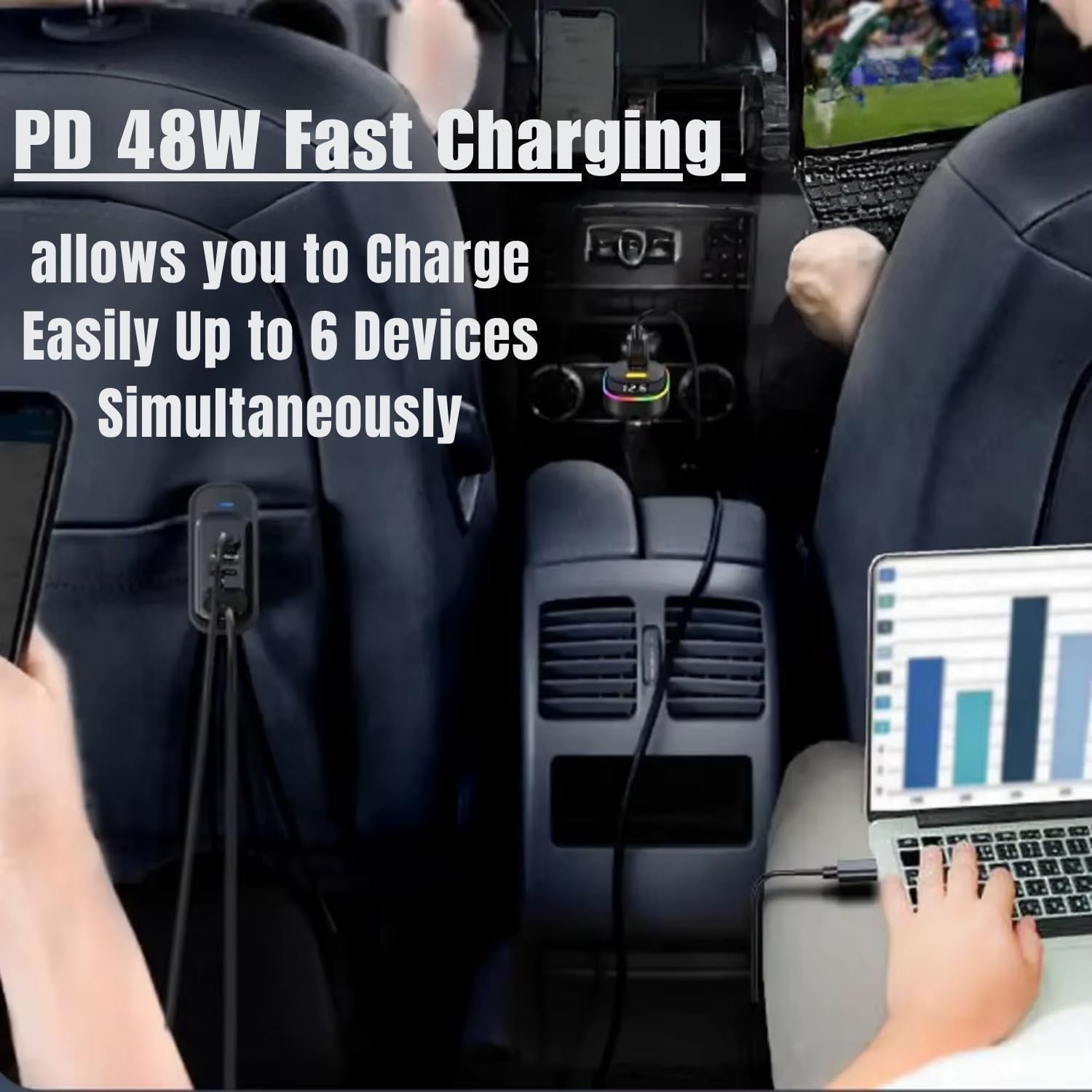 Wukusy RGB breathing light multi-port car USB charger with 1.5m cable, designed for vehicle charging and colorful LED display.