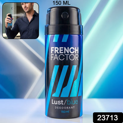 Wukusy French Factor Lust Blue deodorant body spray 150ml bottle with blue and silver design, ready for freshening up.
