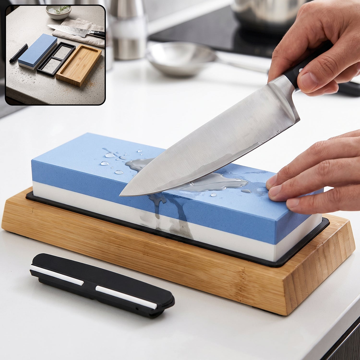 Double Sided Knife Sharpening Whetstone Set With Bamboo Base And Guide (1 Set)