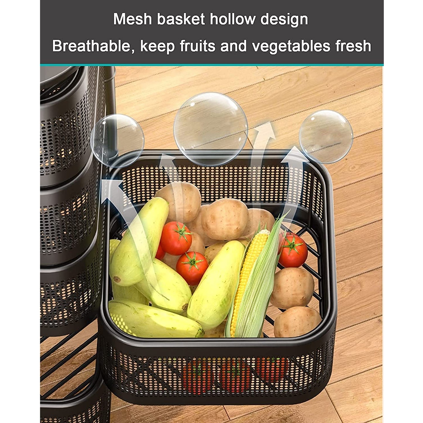 Wukusy metal kitchen trolley with four layers, wheels, square design, used for storing fruits, vegetables, onions, and kitchen accessories.