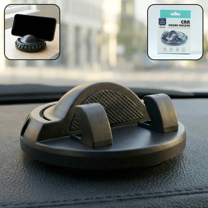 Wukusy 360-degree rotating anti-slip car dashboard mobile phone holder mounted on a vehicle dashboard with phone secured in place